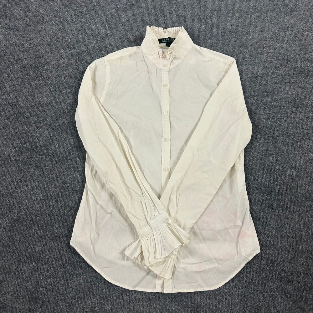 Lauren Ralph Lauren Shirt Womens Size S Cream Cotton Ruffle Neck Pleated Cuff